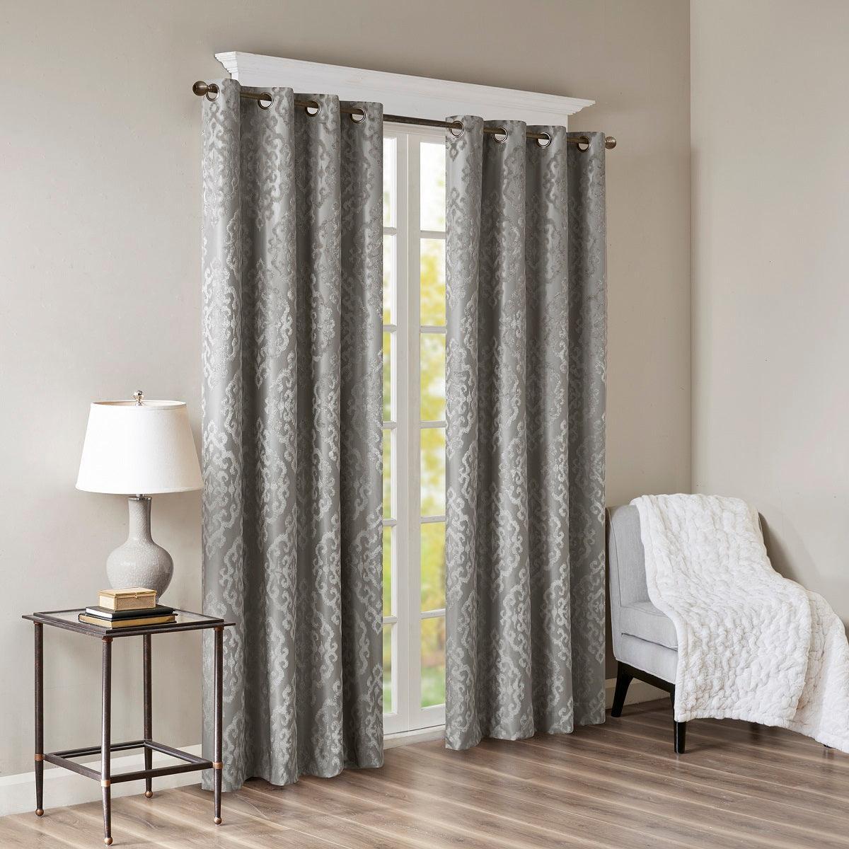 Mirage 108 H Knitted Jacquard Damask Total Blackout Grommet Top Curtain Panel Charcoal Olliix.com