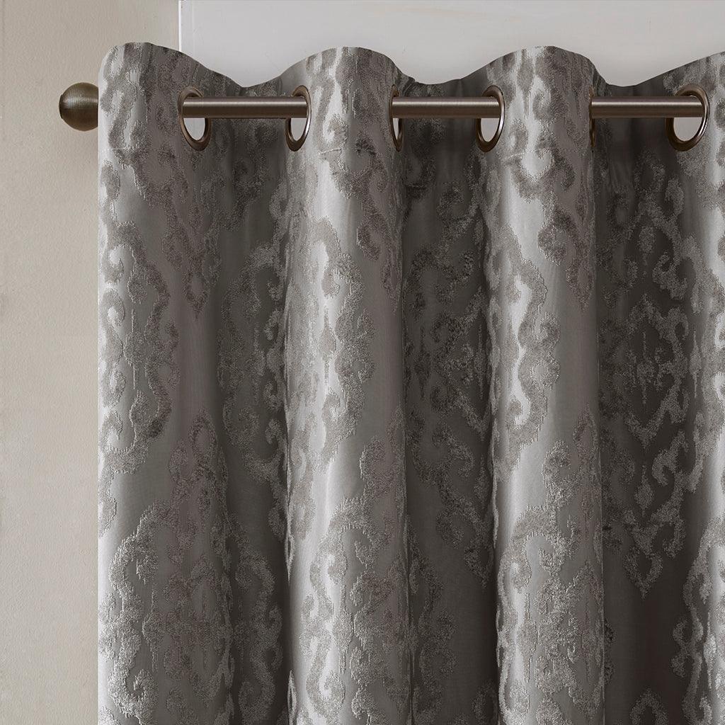 Mirage 108 H Knitted Jacquard Damask Total Blackout Grommet Top Curtain Panel Charcoal Olliix.com