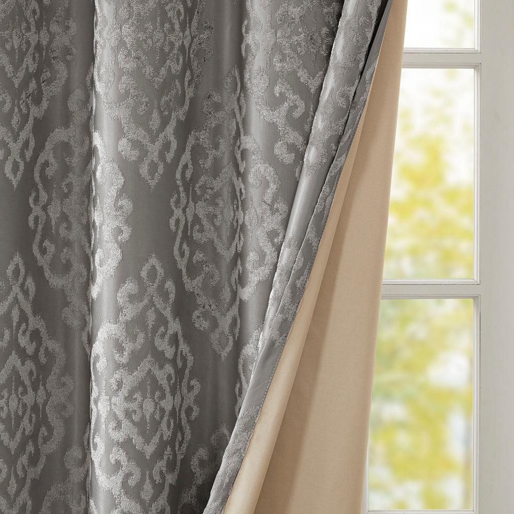 Mirage 108 H Knitted Jacquard Damask Total Blackout Grommet Top Curtain Panel Charcoal Olliix.com