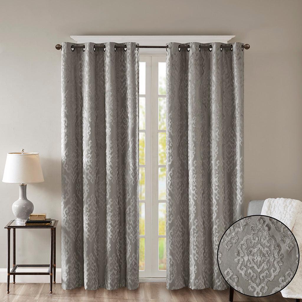 Mirage 108 H Knitted Jacquard Damask Total Blackout Grommet Top Curtain Panel Charcoal Olliix.com