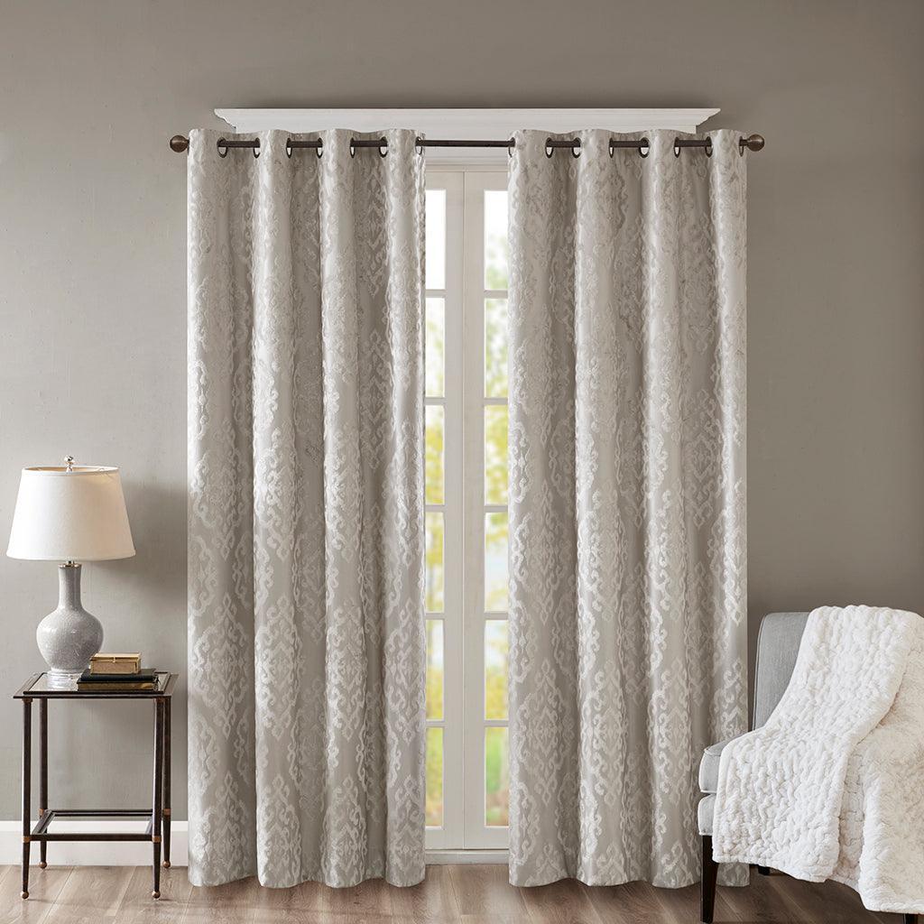 Mirage 108 H Knitted Jacquard Damask Total Blackout Grommet Top Curtain Panel Gray Olliix.com