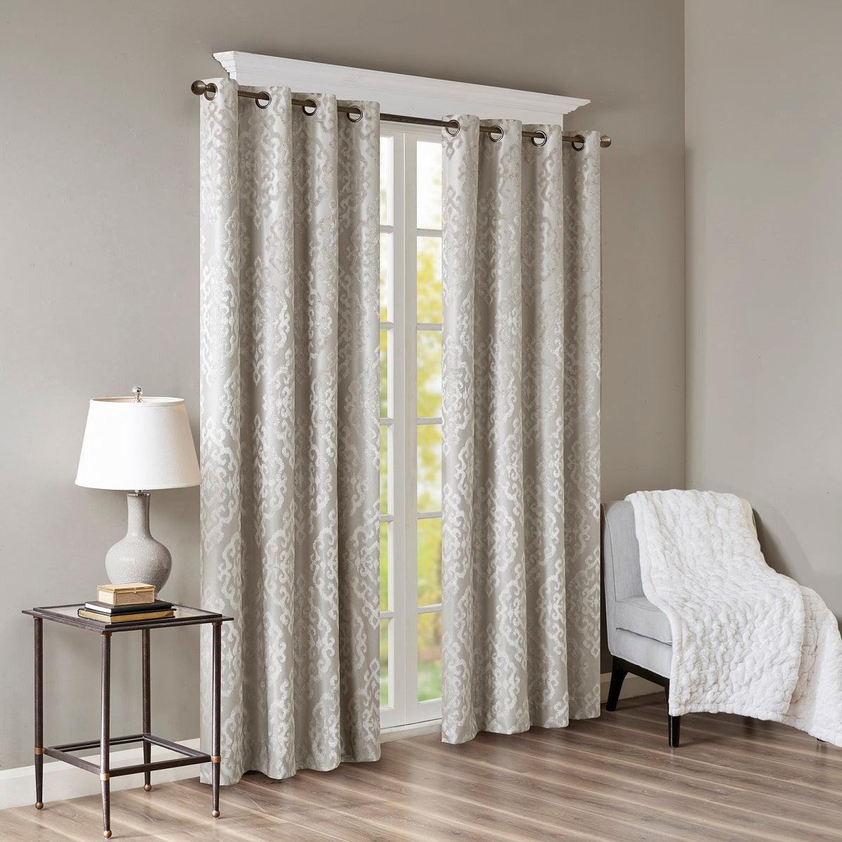 Mirage 108 H Knitted Jacquard Damask Total Blackout Grommet Top Curtain Panel Gray Olliix.com