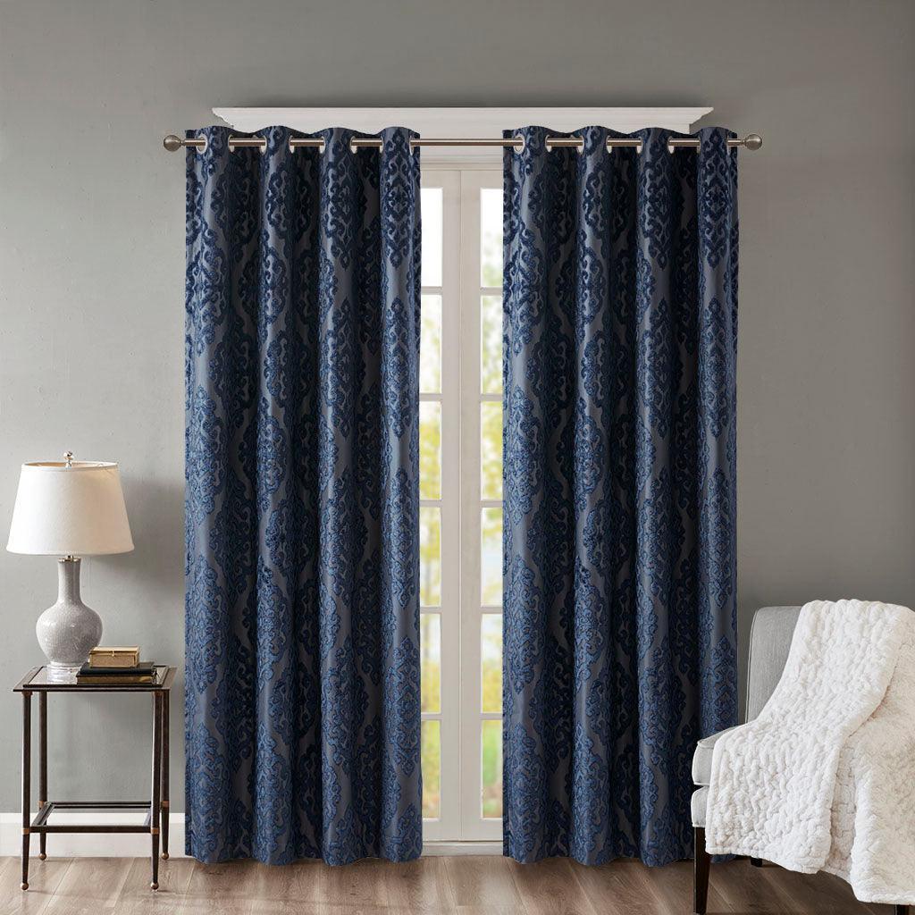 Mirage 108 H Knitted Jacquard Damask Total Blackout Grommet Top Curtain Panel Navy Olliix.com