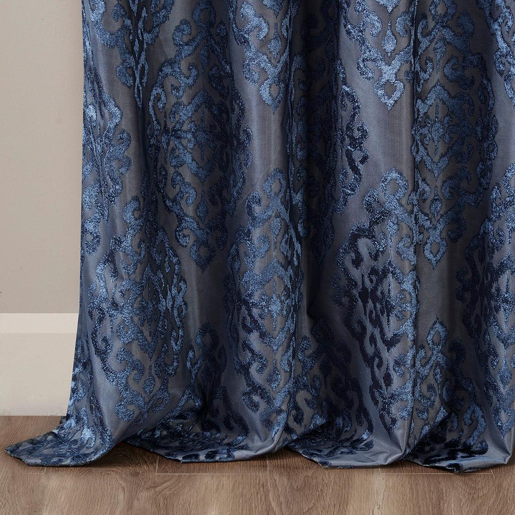 Mirage 108 H Knitted Jacquard Damask Total Blackout Grommet Top Curtain Panel Navy Olliix.com