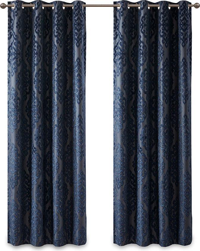 Mirage 108 H Knitted Jacquard Damask Total Blackout Grommet Top Curtain Panel Navy Olliix.com