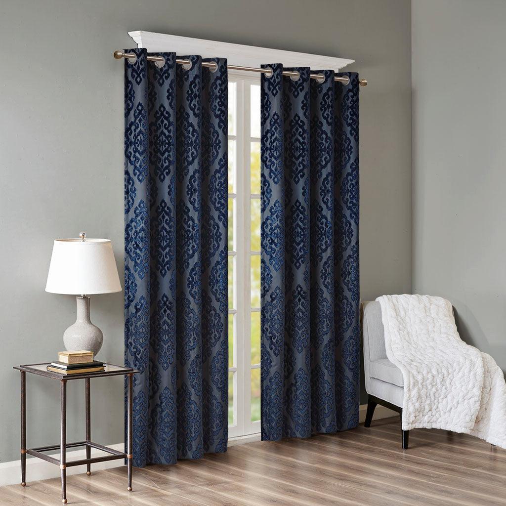 Mirage 108 H Knitted Jacquard Damask Total Blackout Grommet Top Curtain Panel Navy Olliix.com