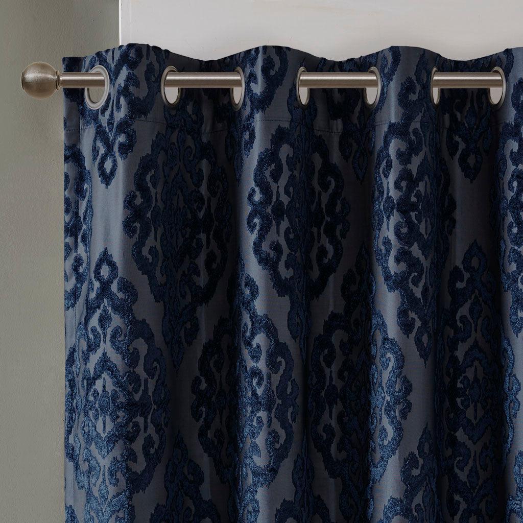 Mirage 108 H Knitted Jacquard Damask Total Blackout Grommet Top Curtain Panel Navy Olliix.com