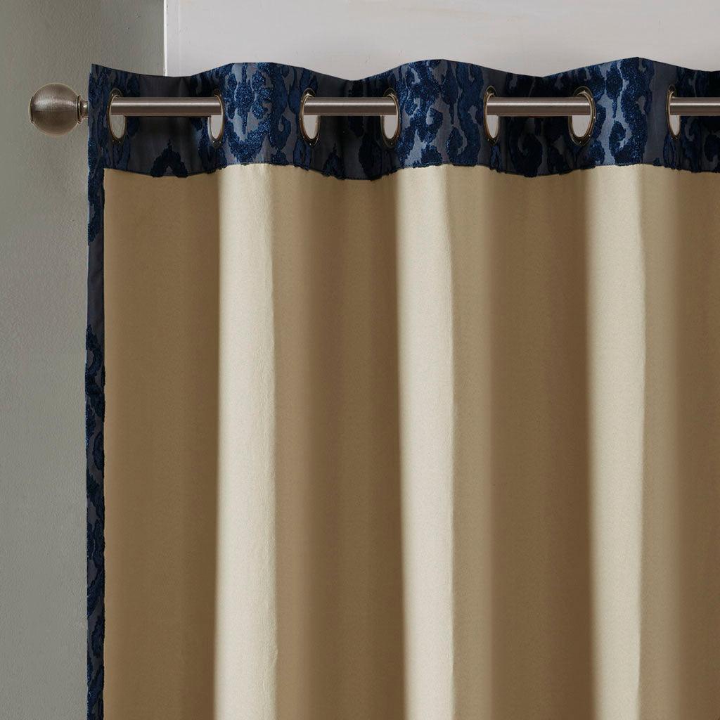 Mirage 108 H Knitted Jacquard Damask Total Blackout Grommet Top Curtain Panel Navy Olliix.com