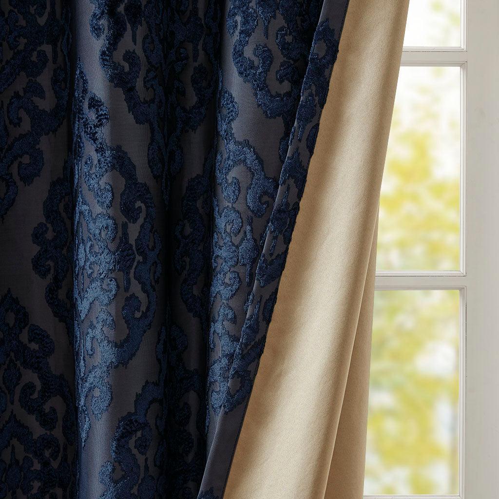 Mirage 108 H Knitted Jacquard Damask Total Blackout Grommet Top Curtain Panel Navy Olliix.com