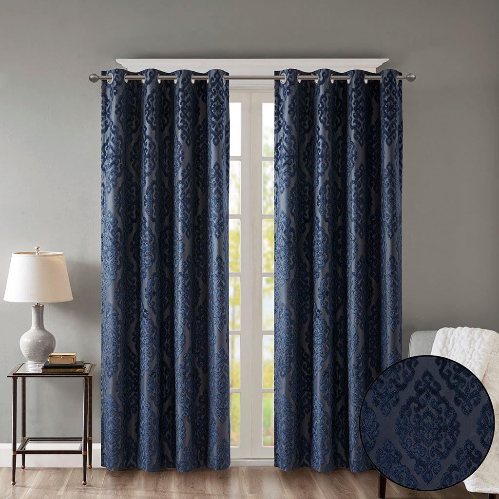 Mirage 108 H Knitted Jacquard Damask Total Blackout Grommet Top Curtain Panel Navy Olliix.com