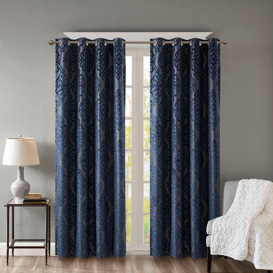 Mirage 95 H Knitted Jacquard Damask Total Blackout Grommet Top Curtain Panel Navy Olliix.com