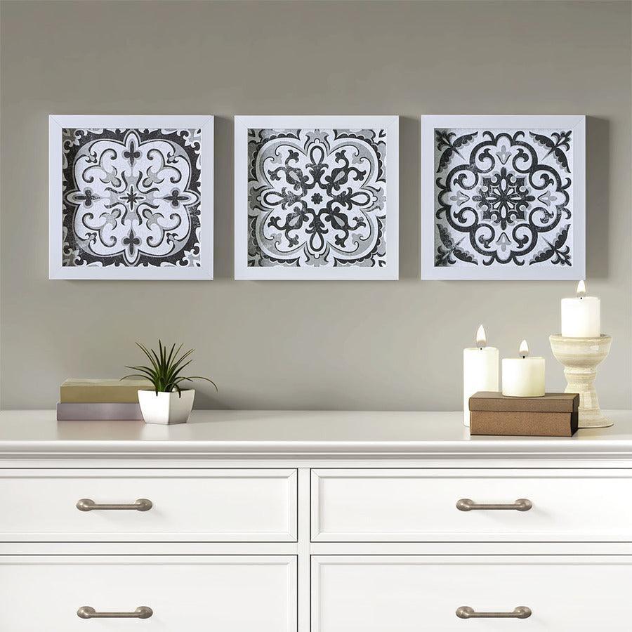 Montage Printed Distressed Tile Pattern 3 Piece Deco Box Wall Art Set Black & White Olliix.com
