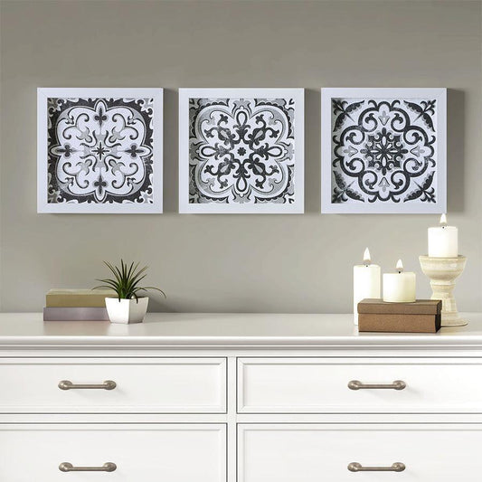 Montage Printed Distressed Tile Pattern 3 Piece Deco Box Wall Art Set Black & White Olliix.com