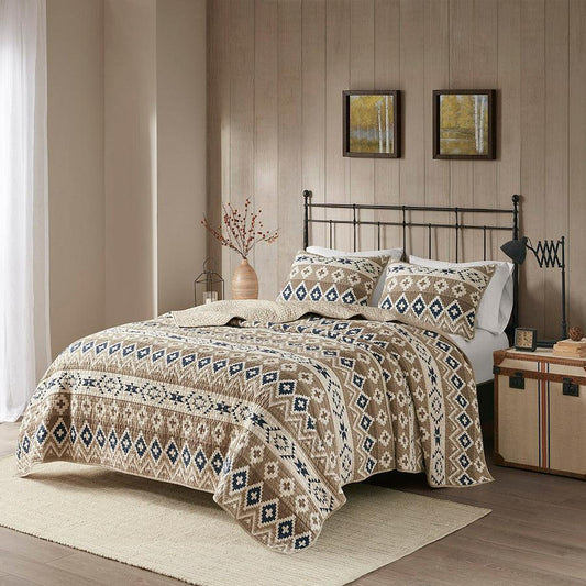 Montana Lodge/Cabin Printed Cotton Oversized Quilt Mini Set Full/Queen Tan Olliix.com