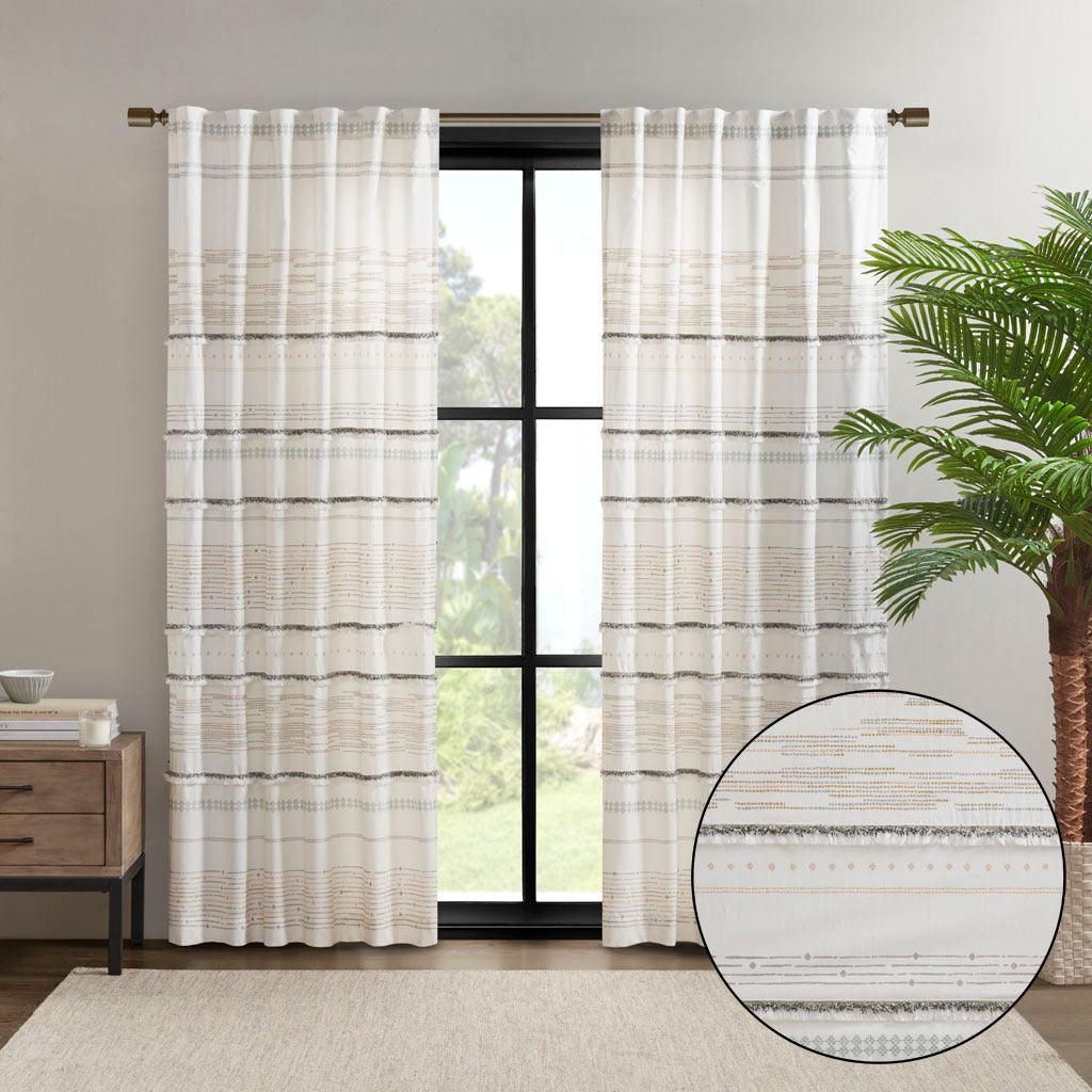 Nea 84" Cotton Printed Window Panel with tassel trim and Lining Natural Olliix.com