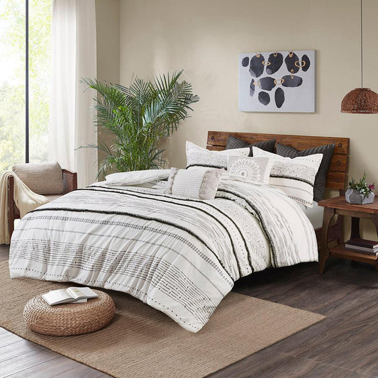 Nea King/California King Cotton Printed Duvet Cover Set with Trims Black & White Olliix.com