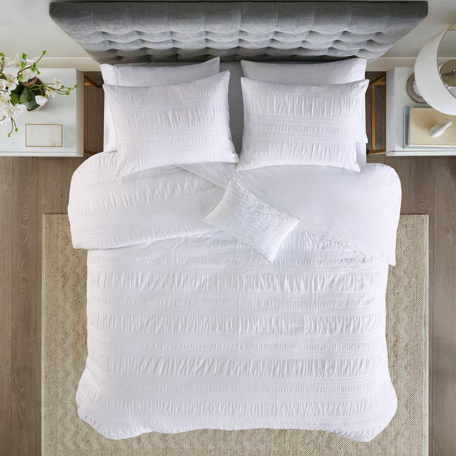 Nicolette Transitional 4 Piece Cotton Seersucker Duvet Cover Set Full/Queen White Olliix.com