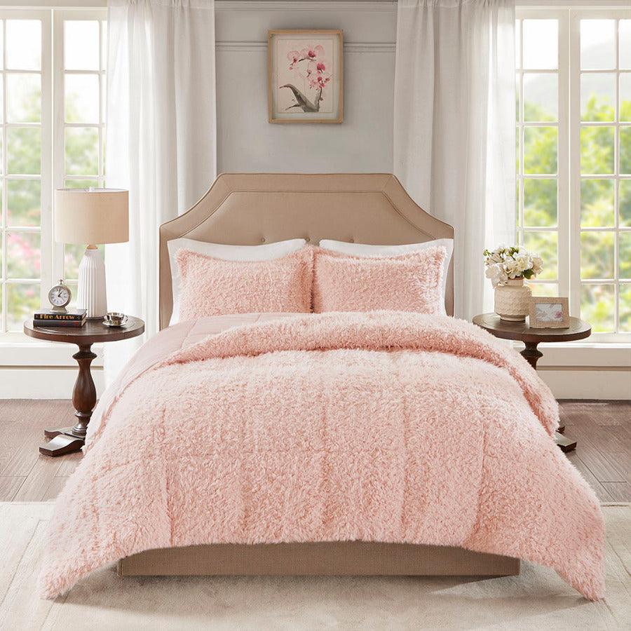 Nova Modern Faux Mohair Reverse Faux Mink Comforter Set Blush King/Cal King Olliix.com