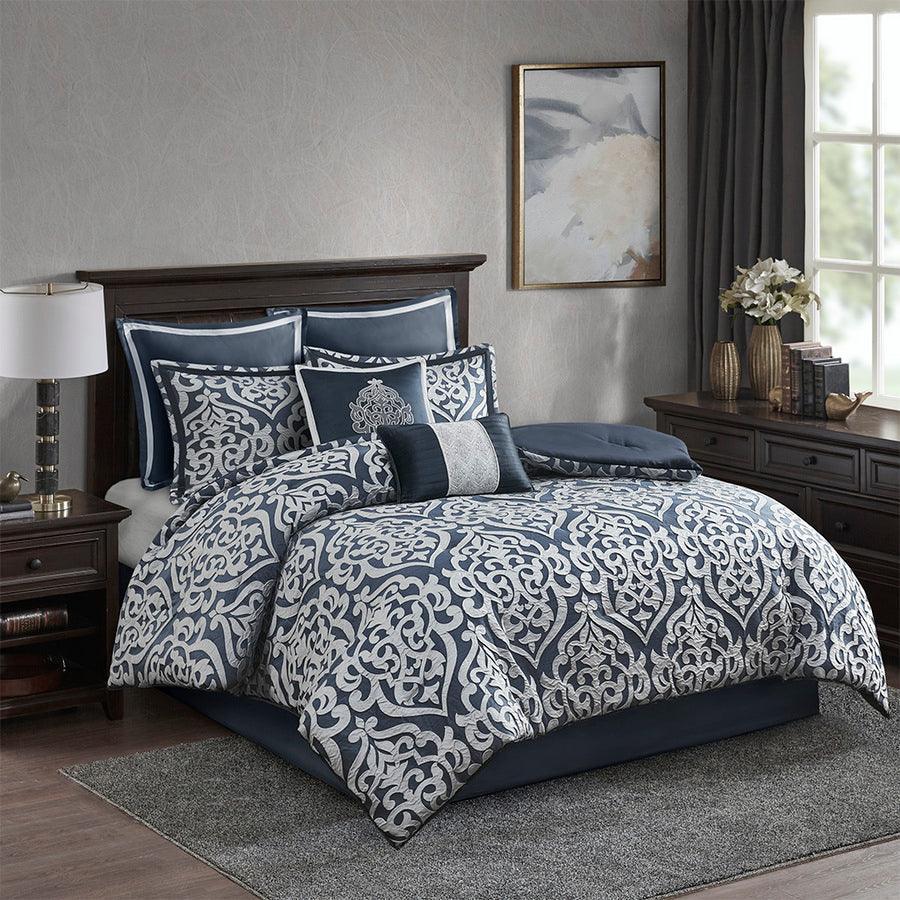 Odette 36 " W 8 Piece Jacquard Comforter Set Navy King Olliix.com