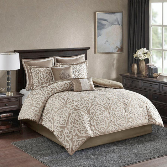 Odette 8 Piece Jacquard Comforter Set Tan King Olliix.com