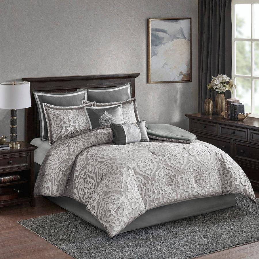 Odette King 8 Piece Jacquard Comforter Set Silver Olliix.com