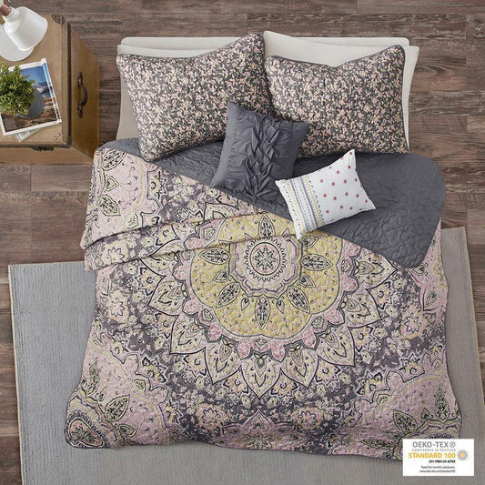 Odette Twin/Twin XL Boho Reversible Coverlet Set Pink & Gray Olliix.com