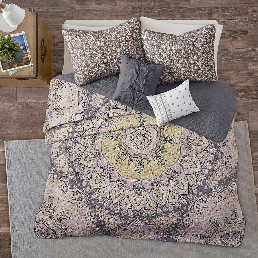 Odette Twin/Twin XL Boho Reversible Coverlet Set Pink & Gray Olliix.com