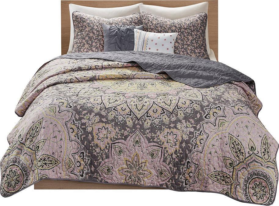 Odette Twin/Twin XL Boho Reversible Coverlet Set Pink & Gray Olliix.com