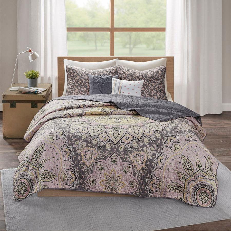 Odette Twin/Twin XL Boho Reversible Coverlet Set Pink & Gray Olliix.com