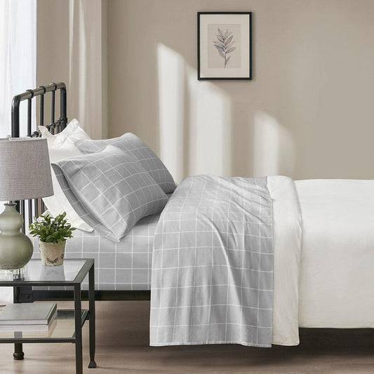 Oversized Flannel California King Sheet Set Gray Windowpane Olliix.com