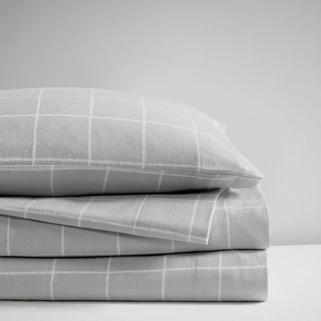 Oversized Flannel California King Sheet Set Gray Windowpane Olliix.com