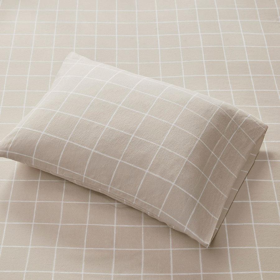 Oversized Flannel Cotton 4 Piece Sheet Set King Beige Windowpane Olliix.com