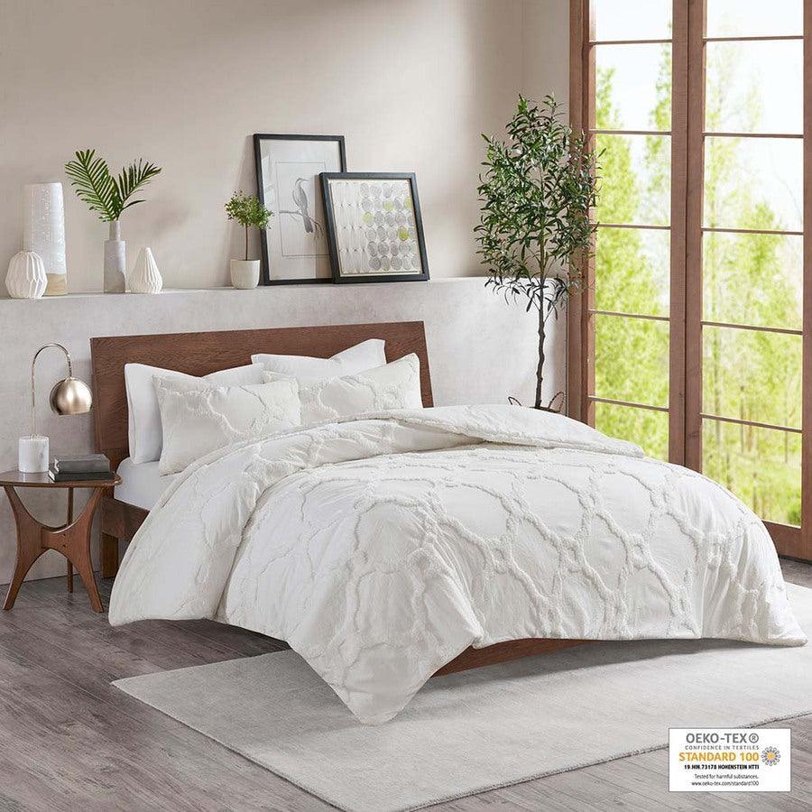 Pacey 3 Piece Tufted 36 " W Cotton Chenille Geometric Comforter Set White King Olliix.com