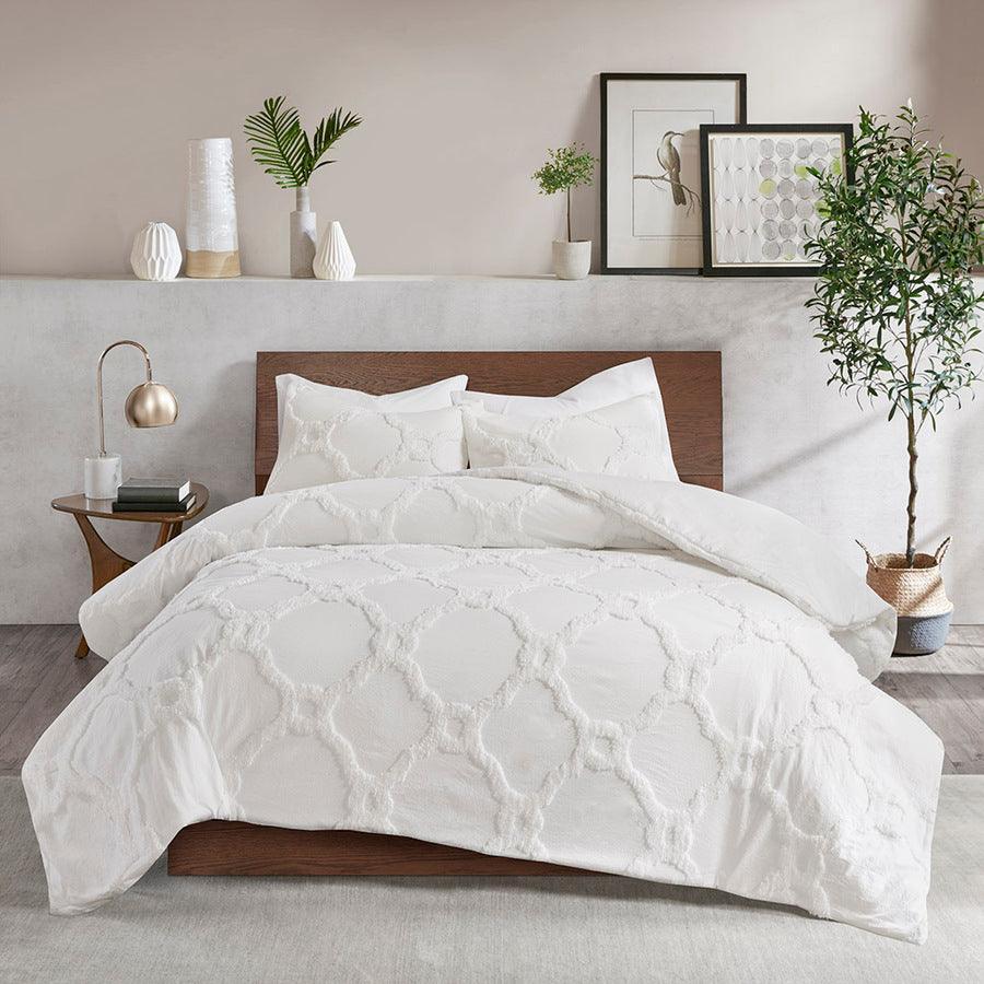 Pacey 3 Piece Tufted 36 " W Cotton Chenille Geometric Comforter Set White King Olliix.com