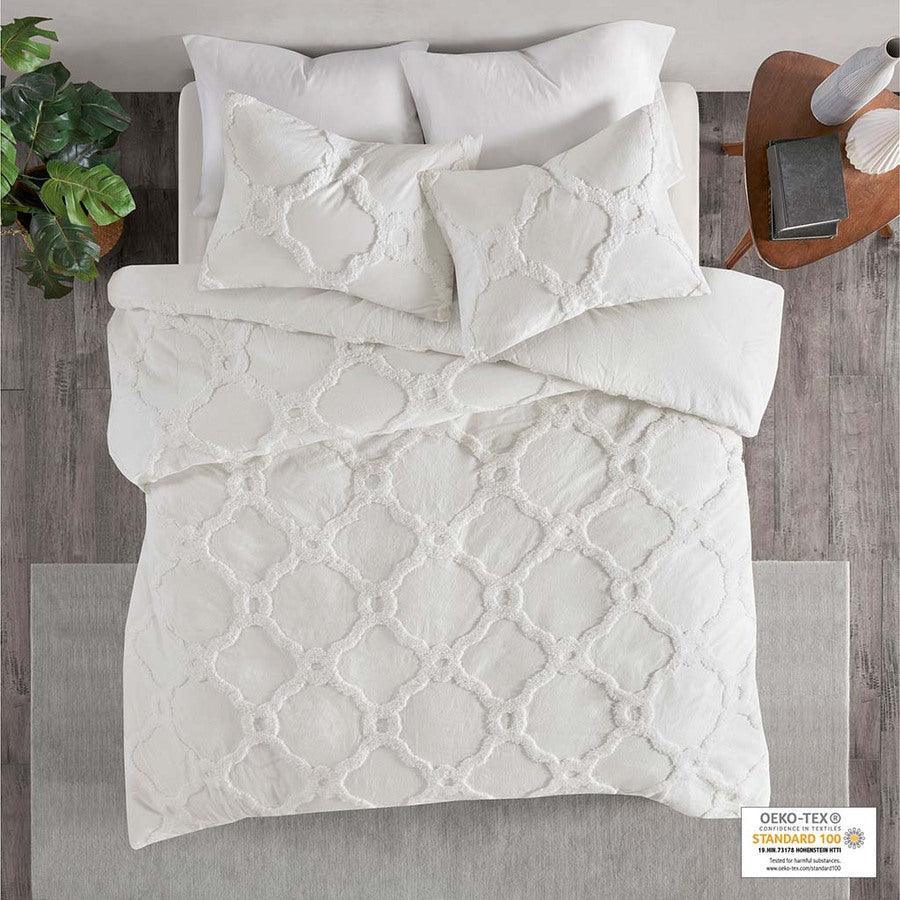 Pacey Shabby Chic 3 Piece Tufted Cotton Chenille Geometric Duvet Cover Set Full/Queen White Olliix.com