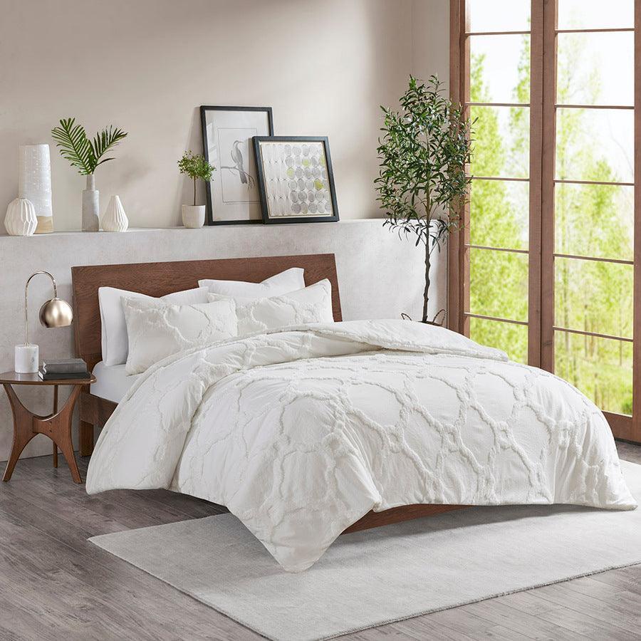 Pacey Shabby Chic 3 Piece Tufted Cotton Chenille Geometric Duvet Cover Set Full/Queen White Olliix.com