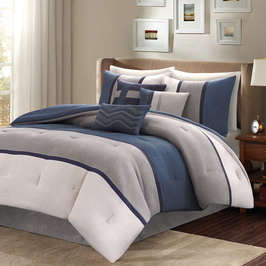 Palisades 7 Piece Faux Suede Comforter Set Blue Queen Olliix.com