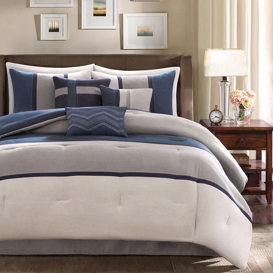 Palisades 7 Piece Faux Suede Comforter Set Blue Queen Olliix.com