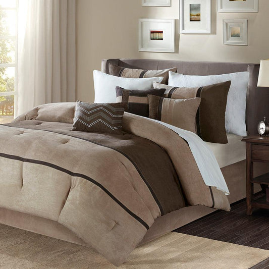 Palisades California King 7 Piece Faux Suede Comforter Set Brown Olliix.com