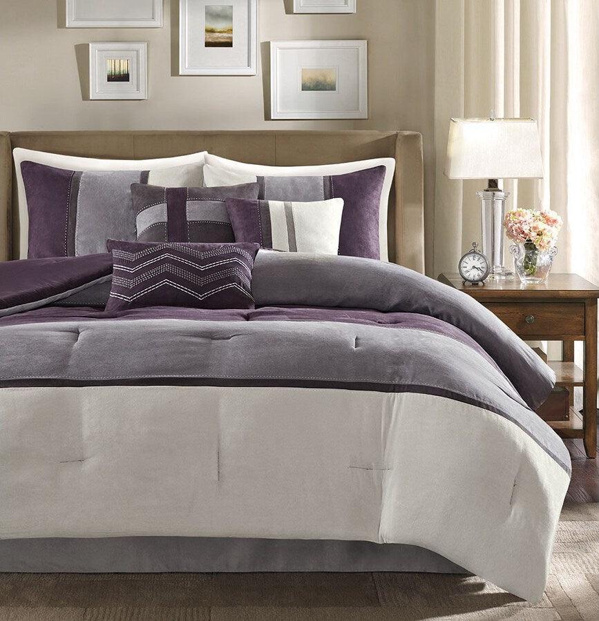 Palisades King 7 Piece Faux Suede Comforter Set Purple Olliix.com