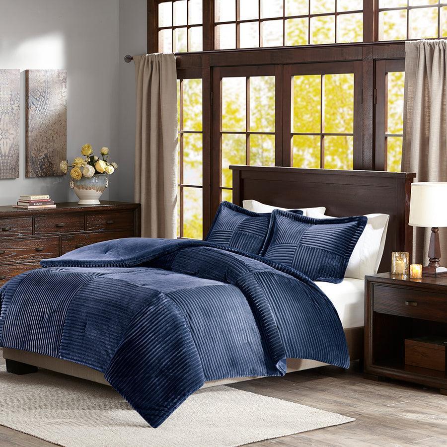 Parker Twin Corduroy Plush Comforter Mini Set Navy Olliix.com