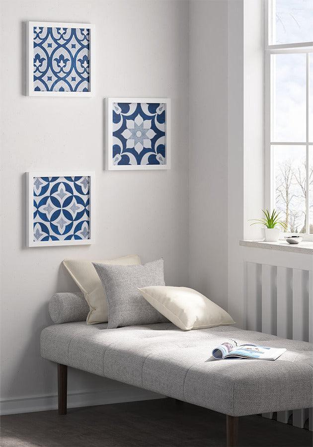 Patterned Tiles Paper Printed with Gel Coat and Framed Wall Decor 3 Piece Set Navy Olliix.com