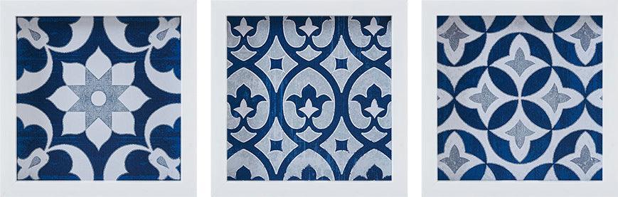 Patterned Tiles Paper Printed with Gel Coat and Framed Wall Decor 3 Piece Set Navy Olliix.com