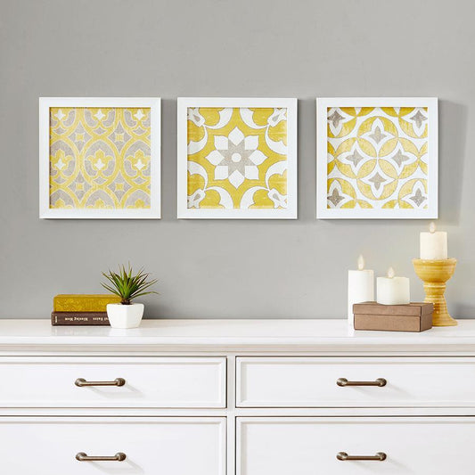 Patterned Tiles Paper Printed with Gel Coat and Framed Wall Decor 3 Piece Set Yellow Olliix.com