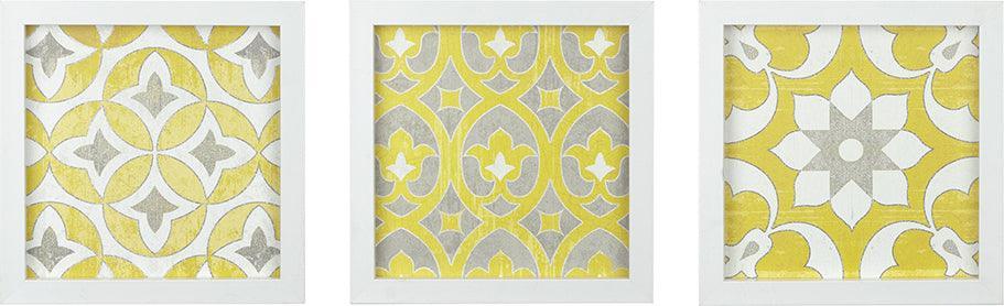 Patterned Tiles Paper Printed with Gel Coat and Framed Wall Decor 3 Piece Set Yellow Olliix.com