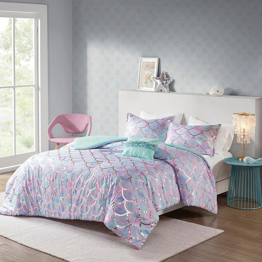 Pearl Metallic Printed Reversible 20 " D Comforter Set Aqua & Purple Full/Queen Olliix.com