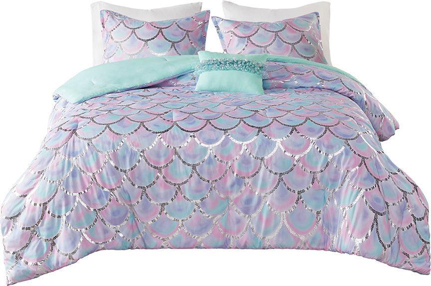 Pearl Metallic Printed Reversible 20 " D Comforter Set Aqua & Purple Full/Queen Olliix.com