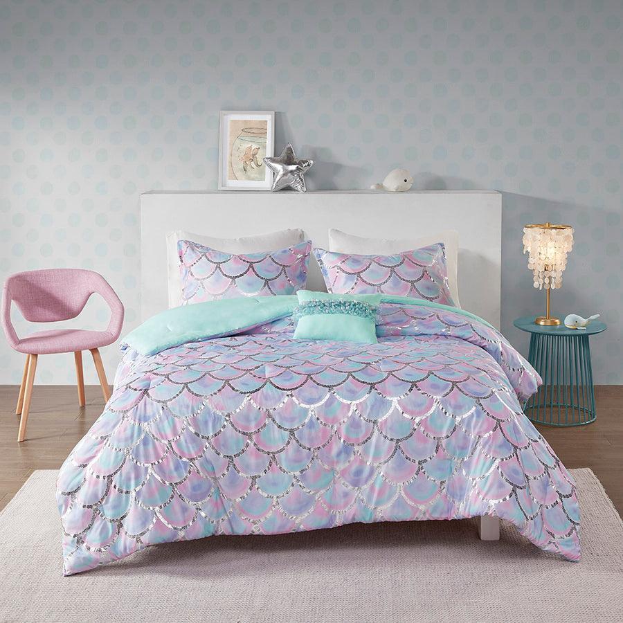 Pearl Metallic Printed Reversible 20 " D Comforter Set Aqua & Purple Full/Queen Olliix.com