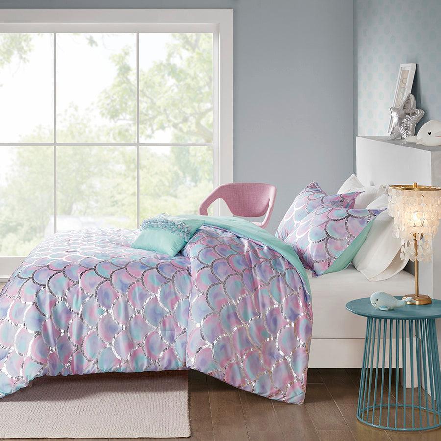 Pearl Metallic Printed Reversible 20 " D Comforter Set Aqua & Purple Full/Queen Olliix.com