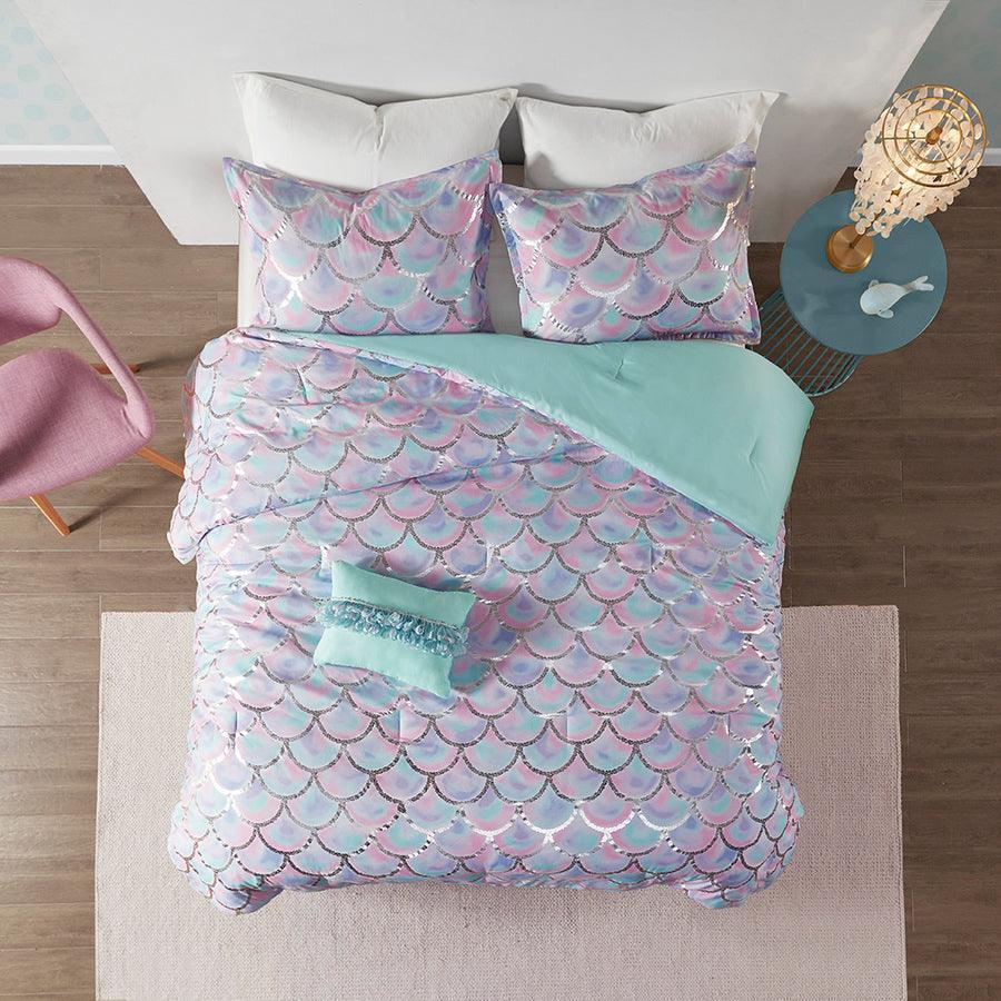 Pearl Metallic Printed Reversible 20 " D Comforter Set Aqua & Purple Full/Queen Olliix.com